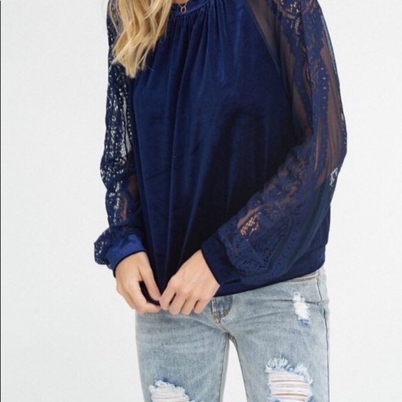 NWT Navy Velvet Sweatshirt with Lace Sleeves - Picture 2 of 2